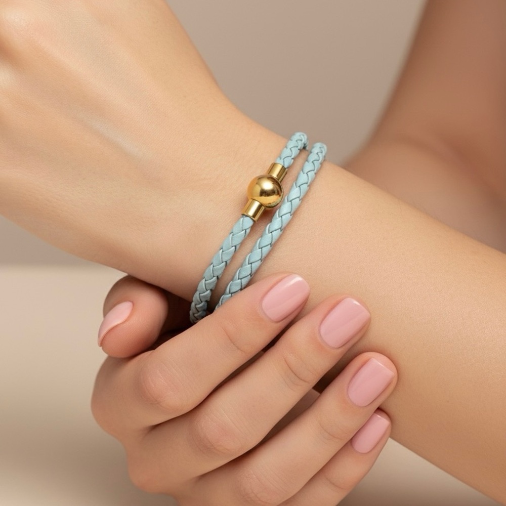 Linx Double Turquoise Leather Braided Cord Bracelet & Yellow Gold Magnetic Clasp